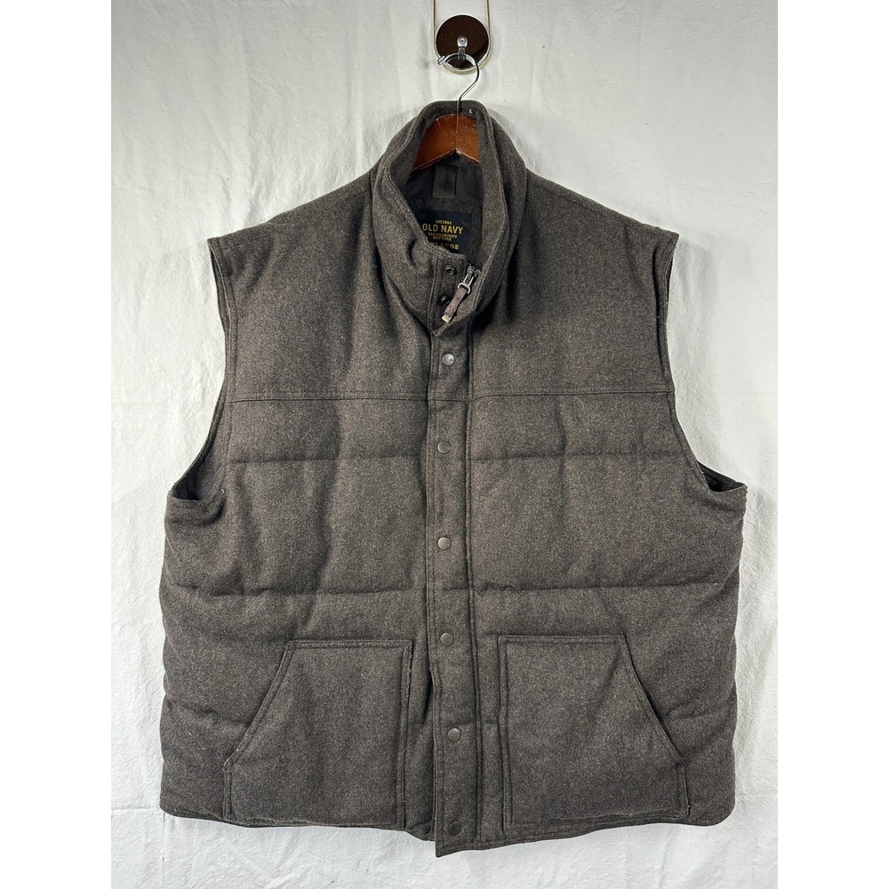 Y2K Style Old Navy Mens Wool Blend Puffer Vest Gray Quilted Full Zip XXL Large